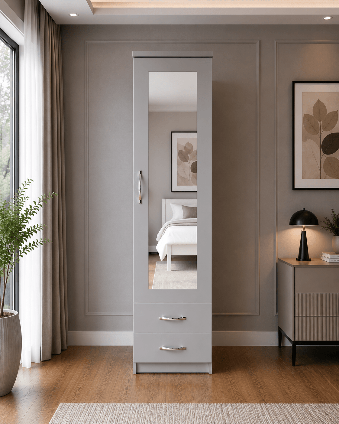 1 Door Mirrored Wardrobe with 2 Drawers - Image 2