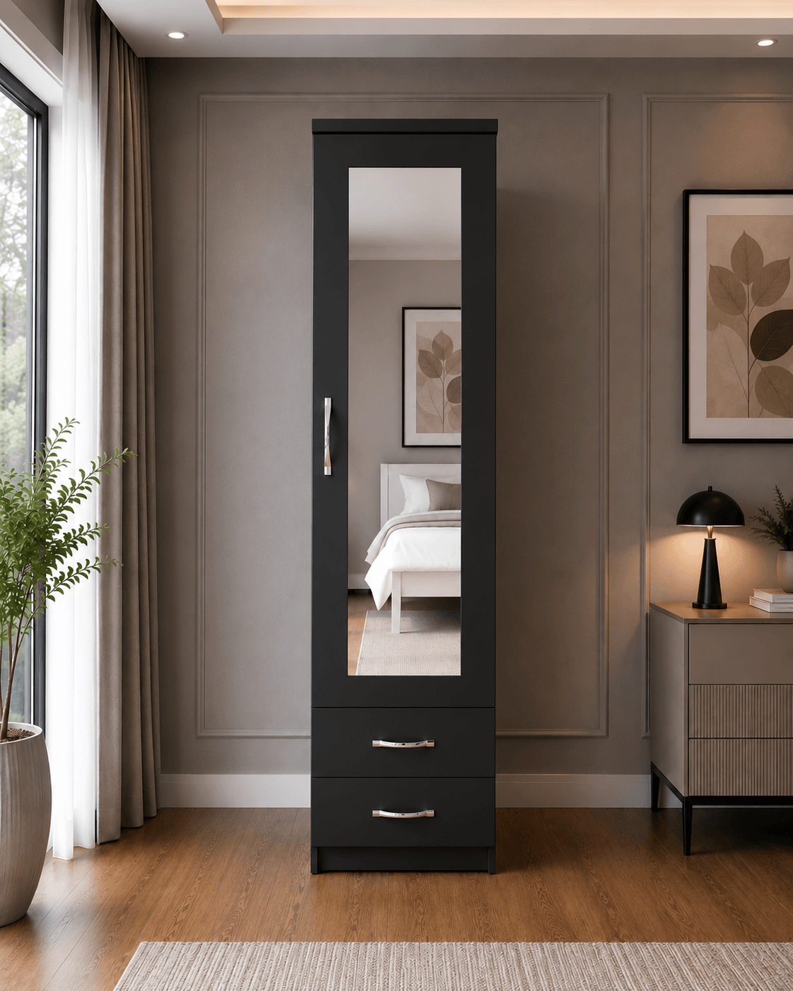 1 Door Mirrored Wardrobe with 2 Drawers