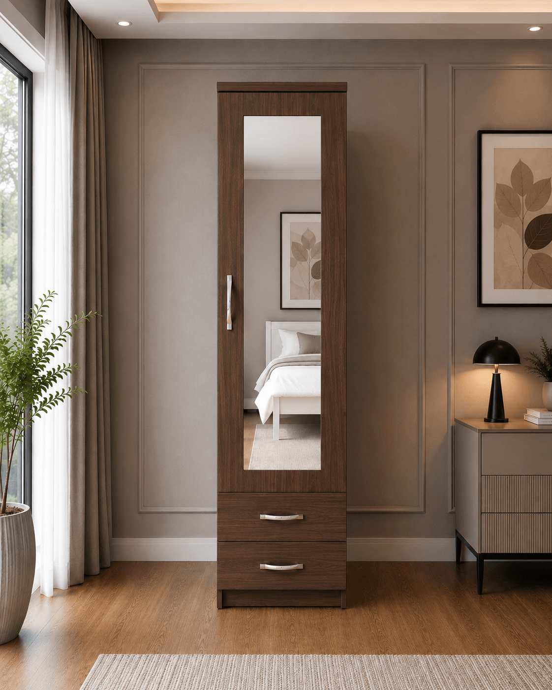 1 Door Mirrored Wardrobe with 2 Drawers - Image 4
